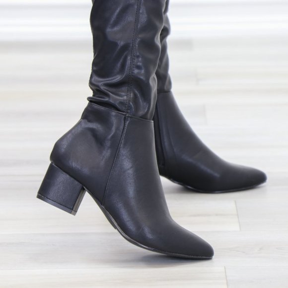 Pointy Toe Over The Knee Black Boots Faux Leather - Picture 9 of 15